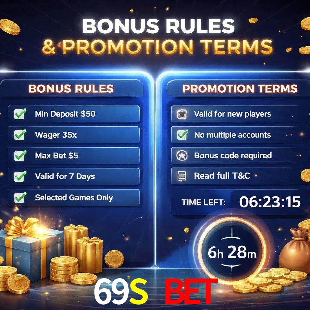 Reglas de promoción 69S BET y condiciones de bonos explicadas visualmente