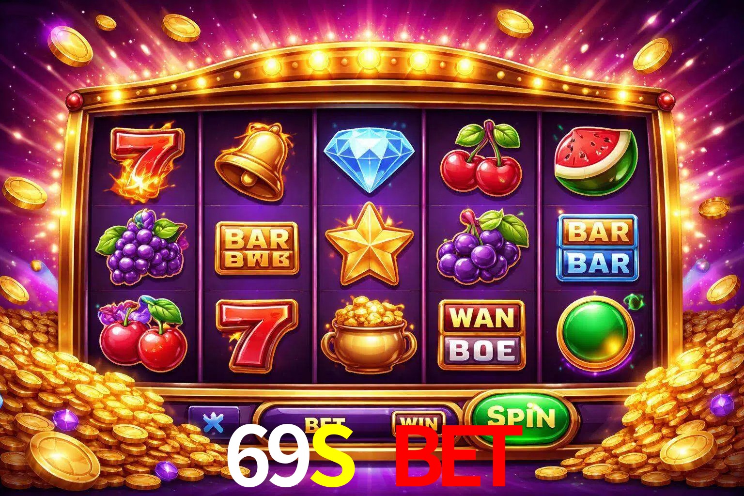 Una interfaz colorida de tragamonedas en línea con símbolos brillantes, monedas y un efecto de victoria celebratoria en 69S BET.