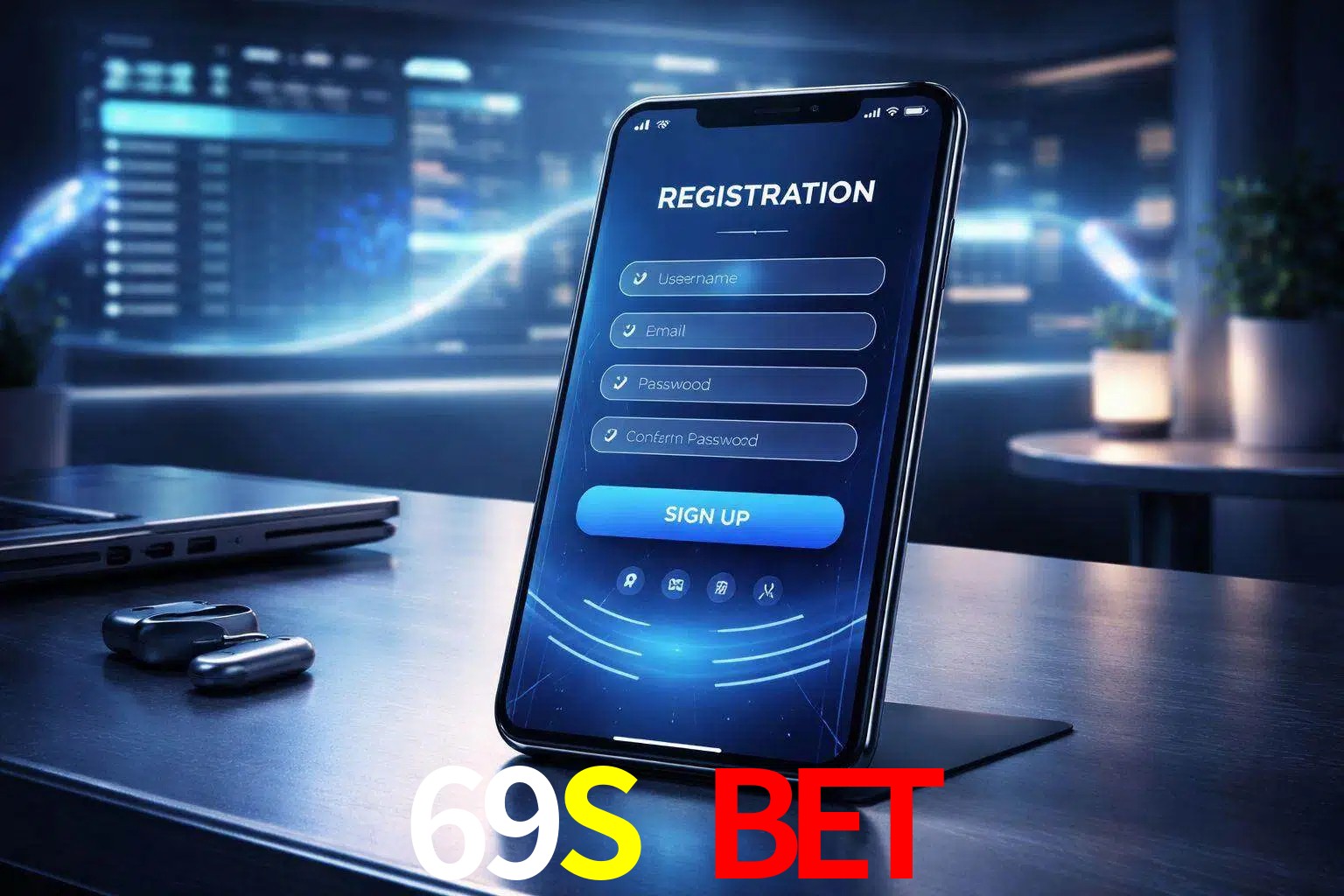 Una interfaz moderna de registro móvil para 69S BET mostrada en un smartphone con un panel de apuestas elegante.